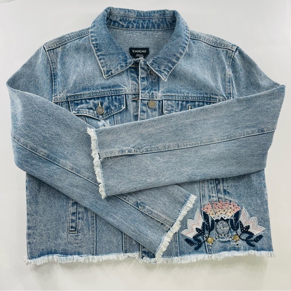 Y2K BEBE DESTINY GABBY DENIM JEAN JACKET EMBROIDERED SIZE LARGE - Picture 2 of 13